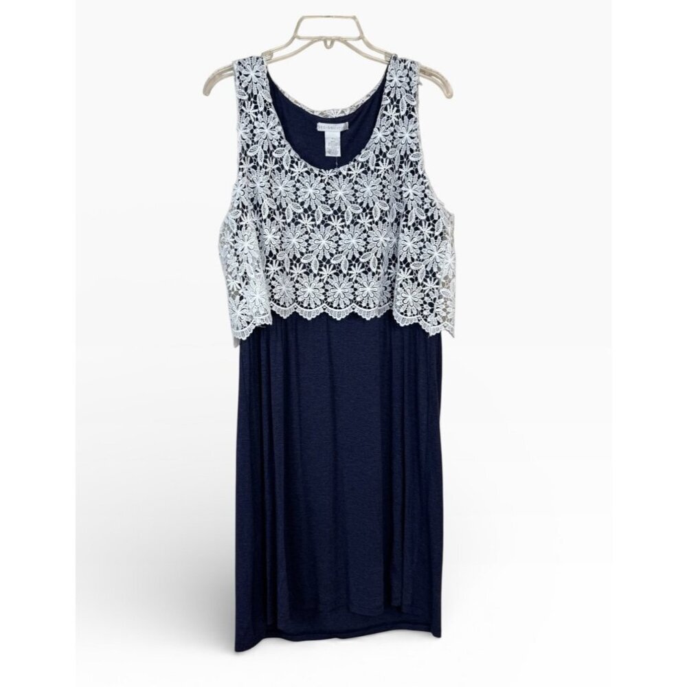 Design History NEW Blue Midi Dress White Lace Overlay Size XL Casual Feminine